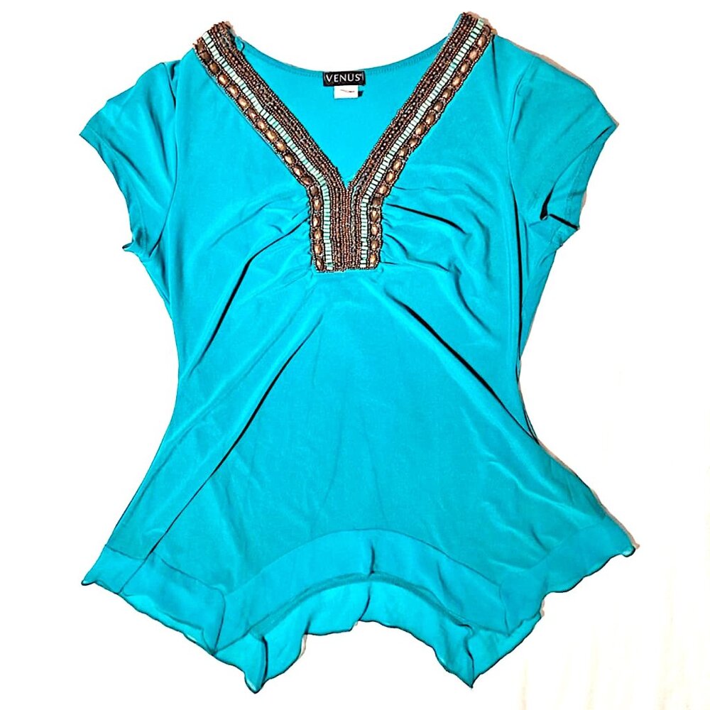 VENUS Large Teal Turquoise Beaded Embellished V Neck Handkerchief Hem Top